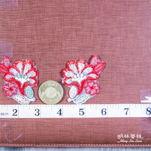 左右花朵蕾絲-日系手作紅花彩色心花片-長約6公分-一對